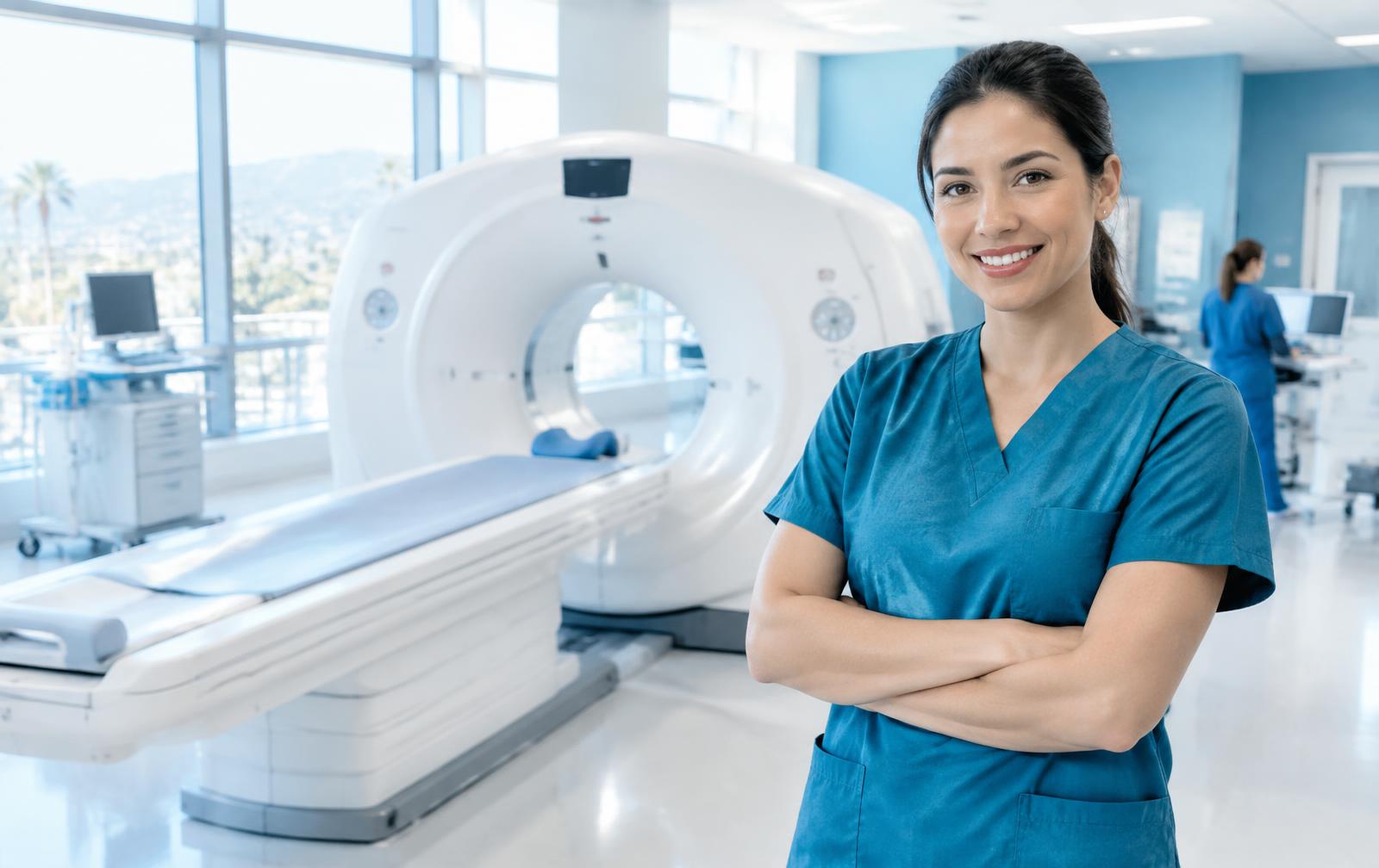 Radiology professional in a bright diagnostic imaging suite